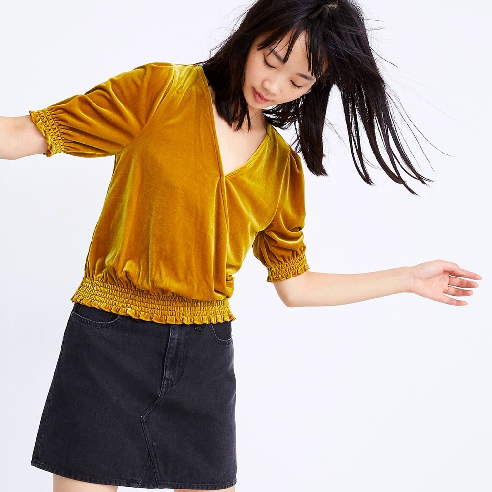Madewell Gold Velvet Smocked Crossover Top Size Small